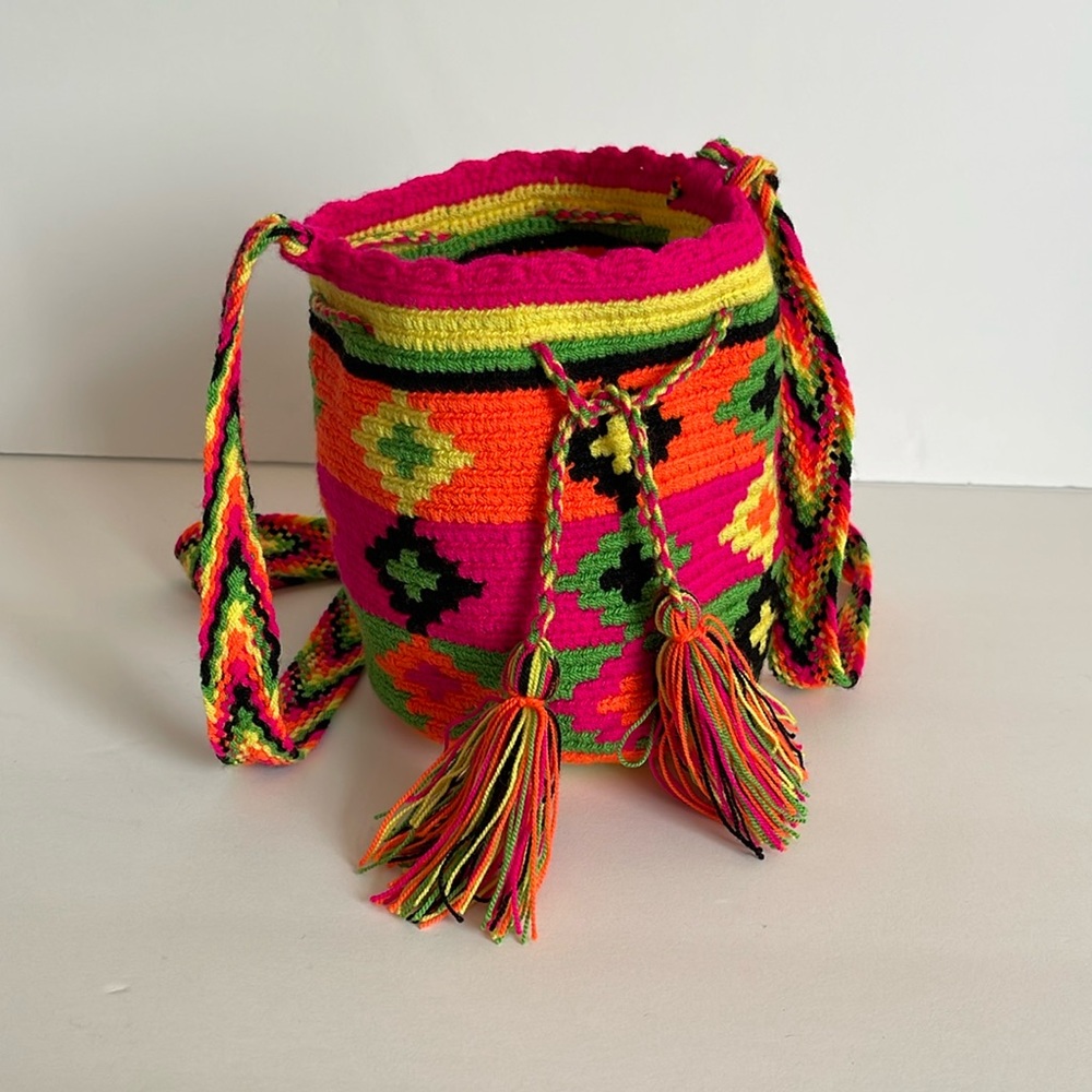 Neon Crossbody Bucket Bag with Tassels